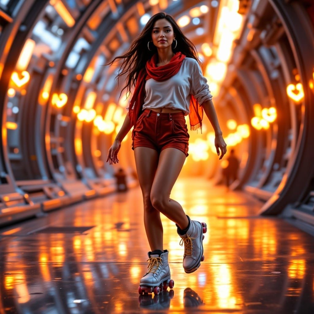 Sunset Roller Skating with Magical Energy in Animated Style