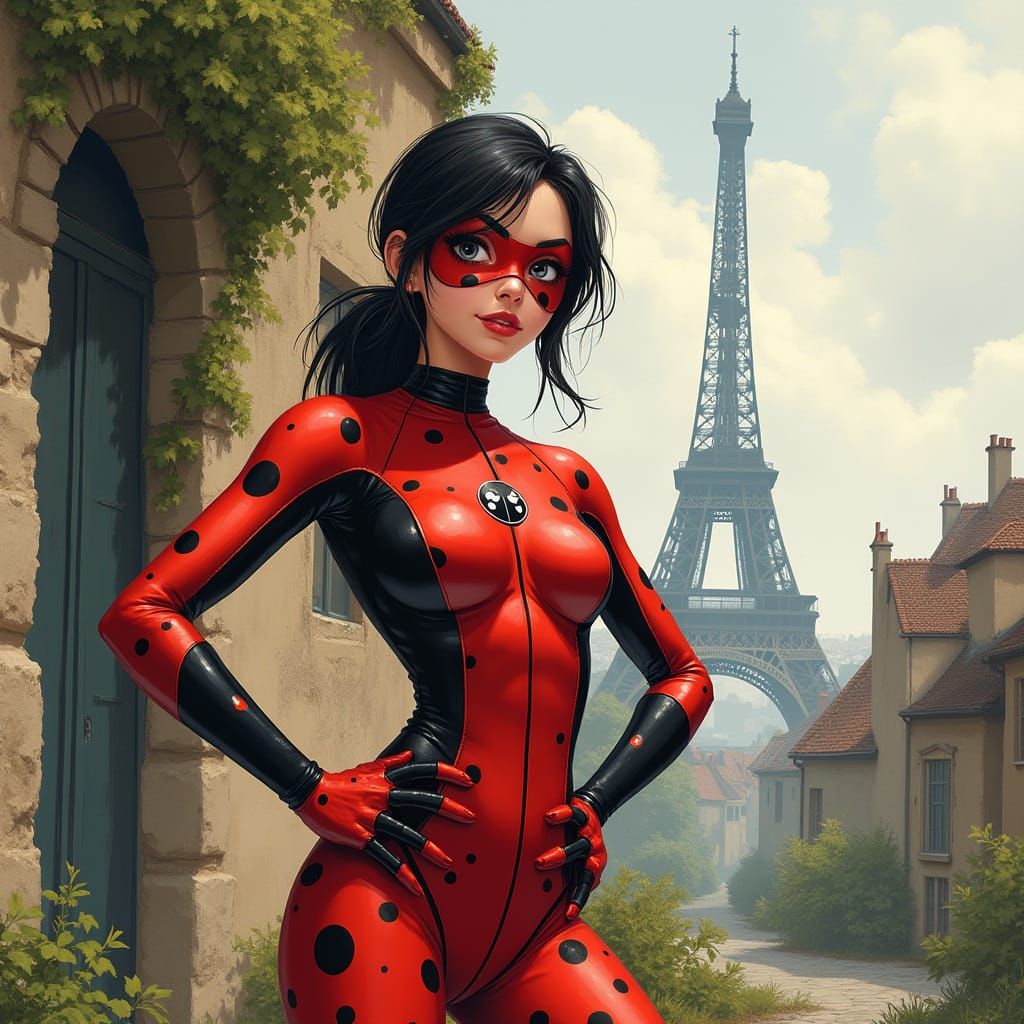 Ladybug Superheroine in Paris, Watercolor and Ink Style