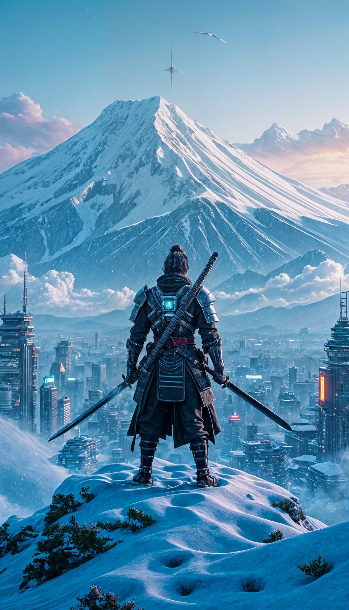 Cyberpunk Samurai on Snowy Mountain Peak