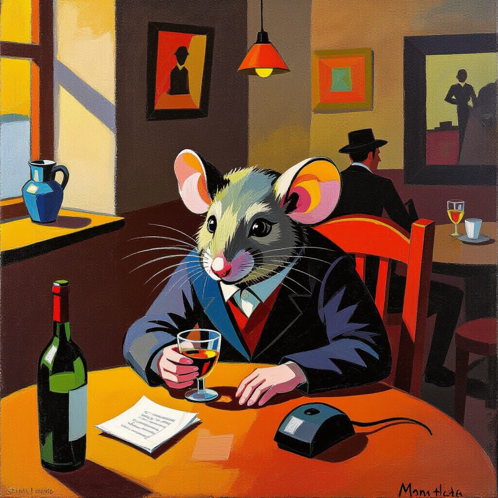 Old Mouse in Vibrant Tavern, Bold Textures and Vivid Colors