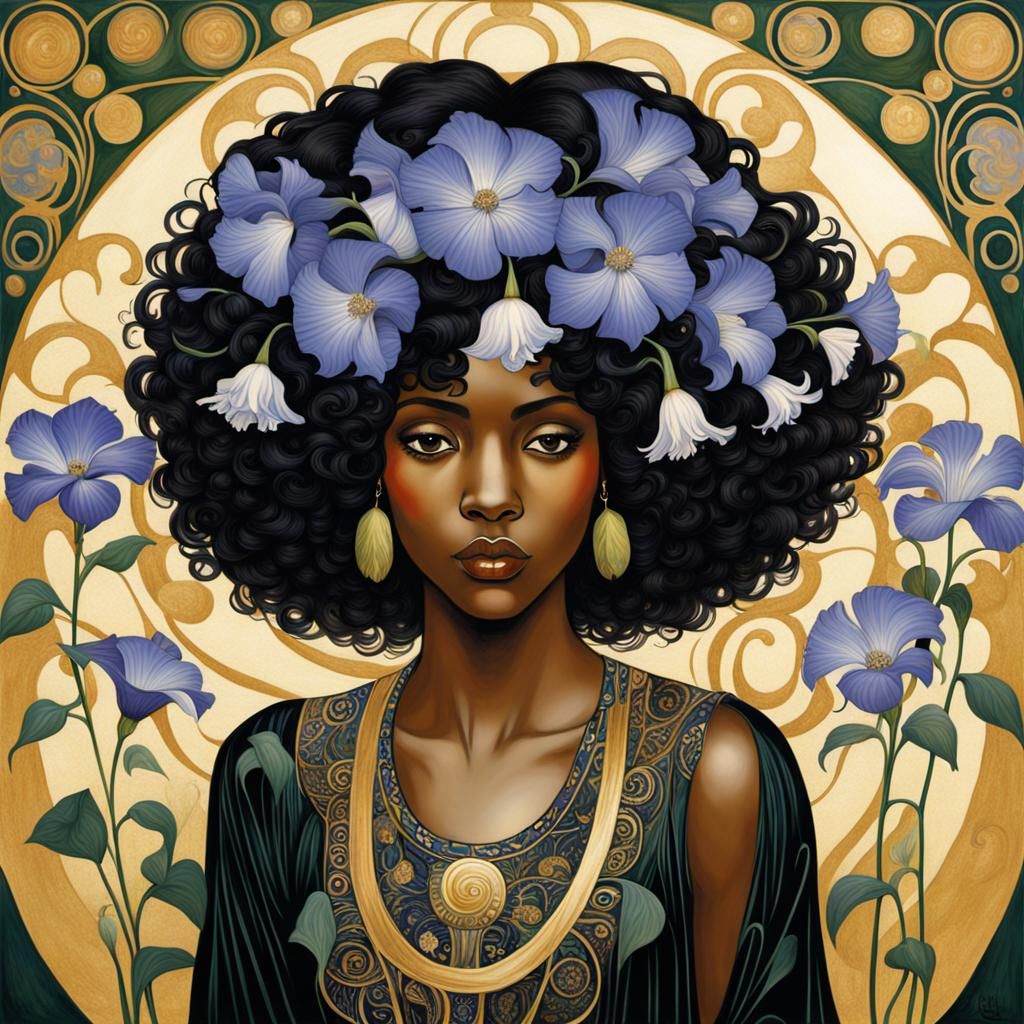 Black Woman with Bellflower in Art Nouveau Style