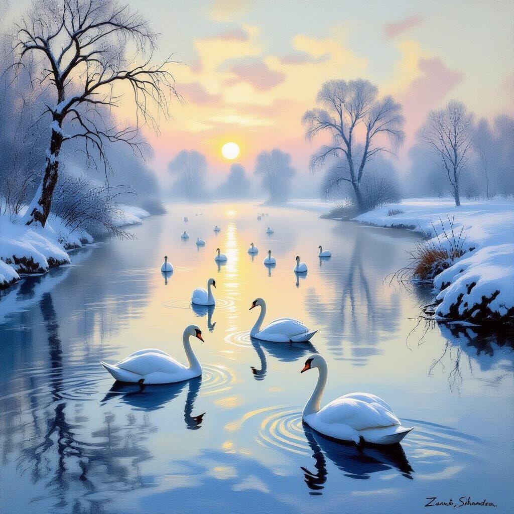 Swans Gliding on Frozen River: Impressionistic Sunrise