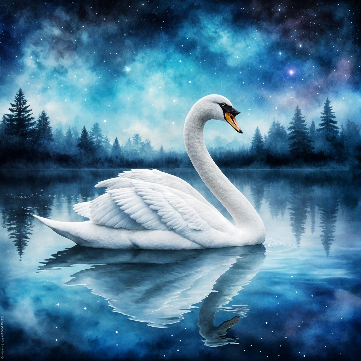 White Swan on Lake at Midnight: Watercolor Art