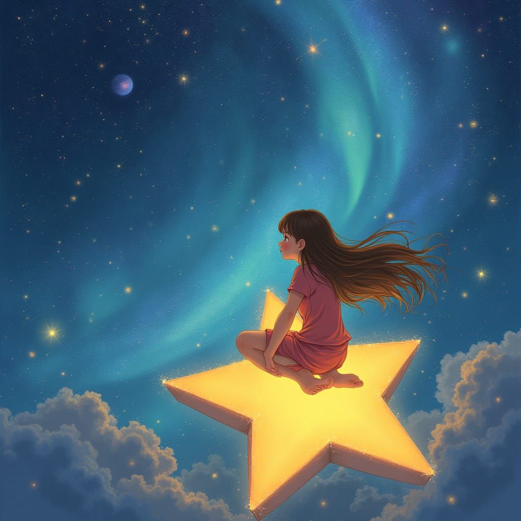 Girl on Star in Dreamy Anime Style