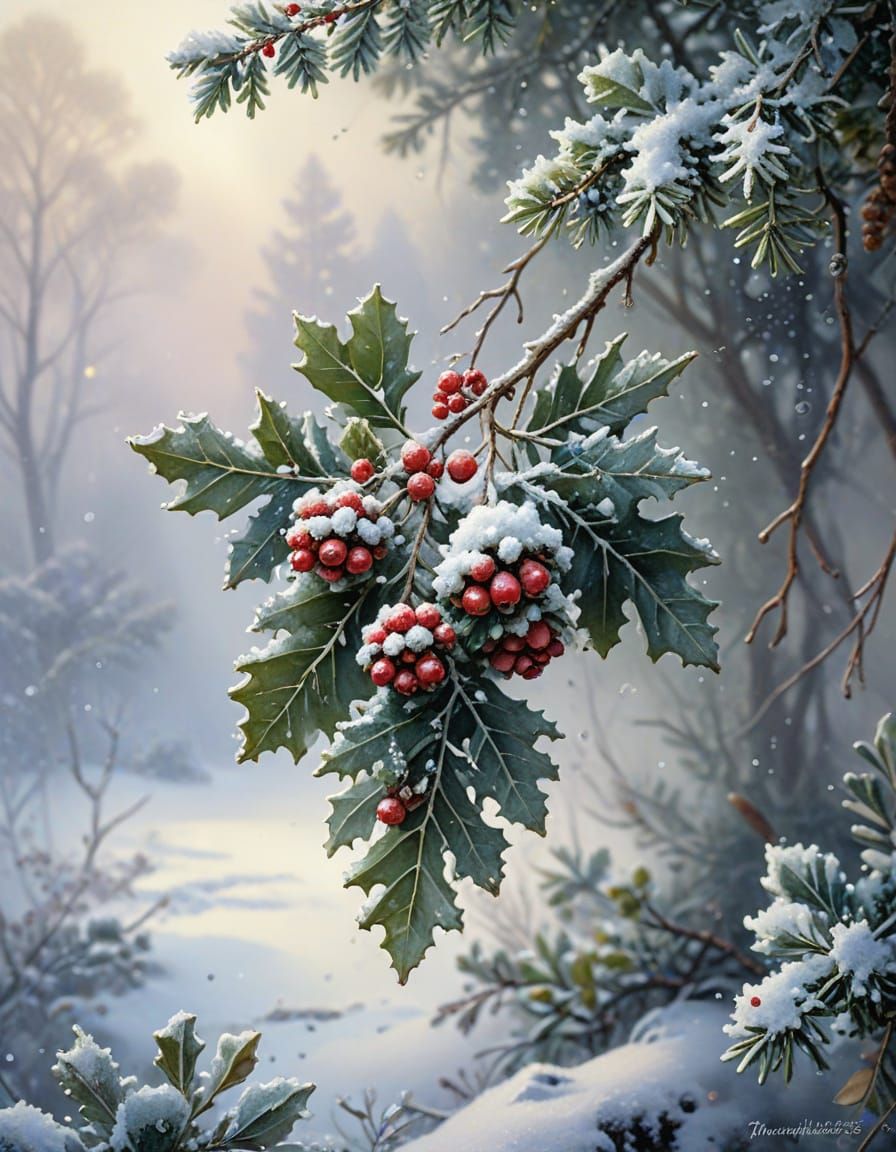 Hyper-Realistic Mistletoe & Berries in Snowy Mist
