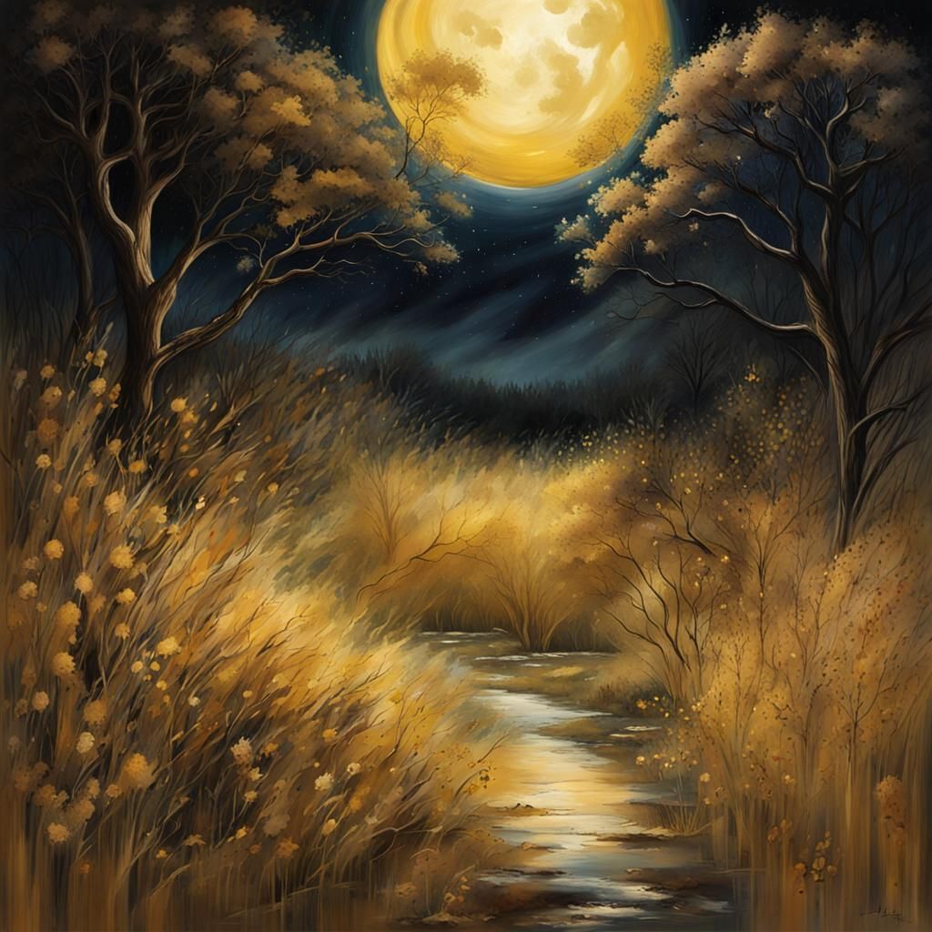 Golden Meadow in Moonlight: Graffiti Splash Art