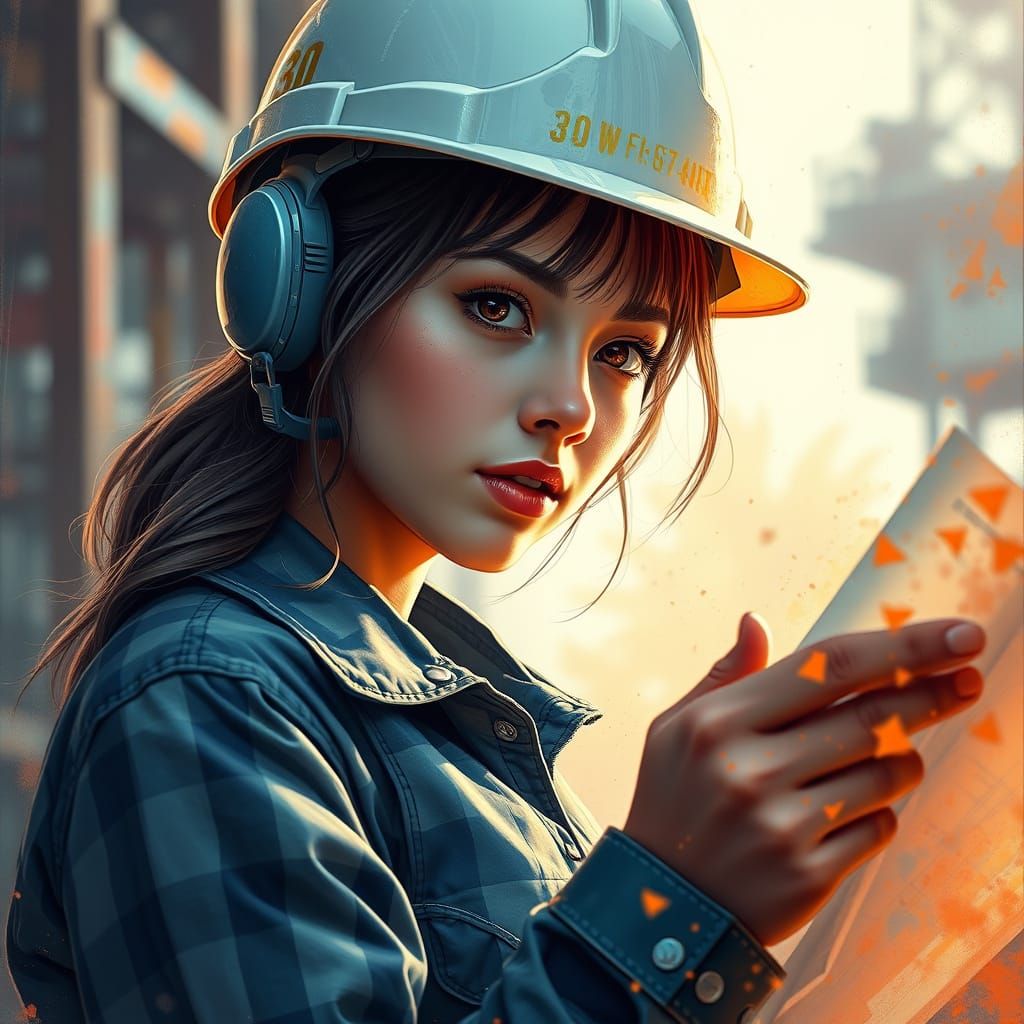 Woman in Construction Helmet Reads Blueprints: Hyperrealisti...