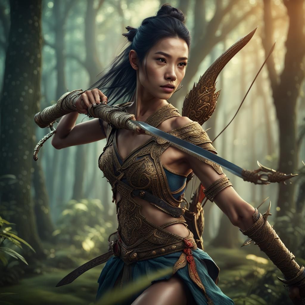 Beautiful Thai Woman Warrior in Forest