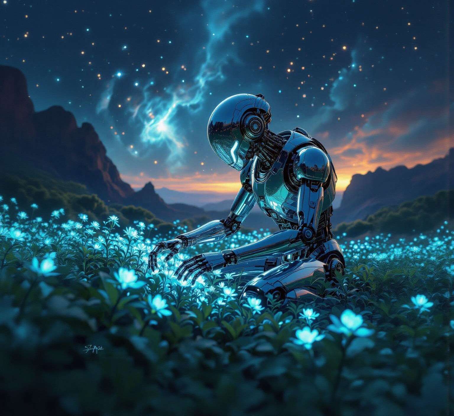 Celestial Automaton Tends Bioluminescent Garden in Nebula