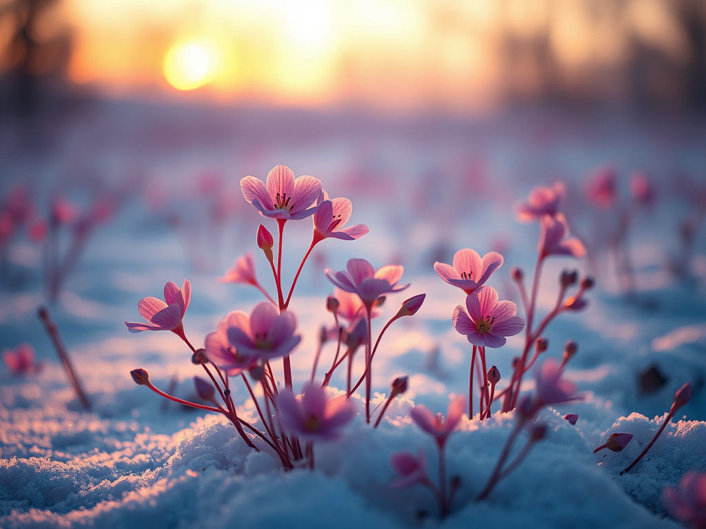 Pink Flowers Bloom on Snow Field: 8k Matte Painting