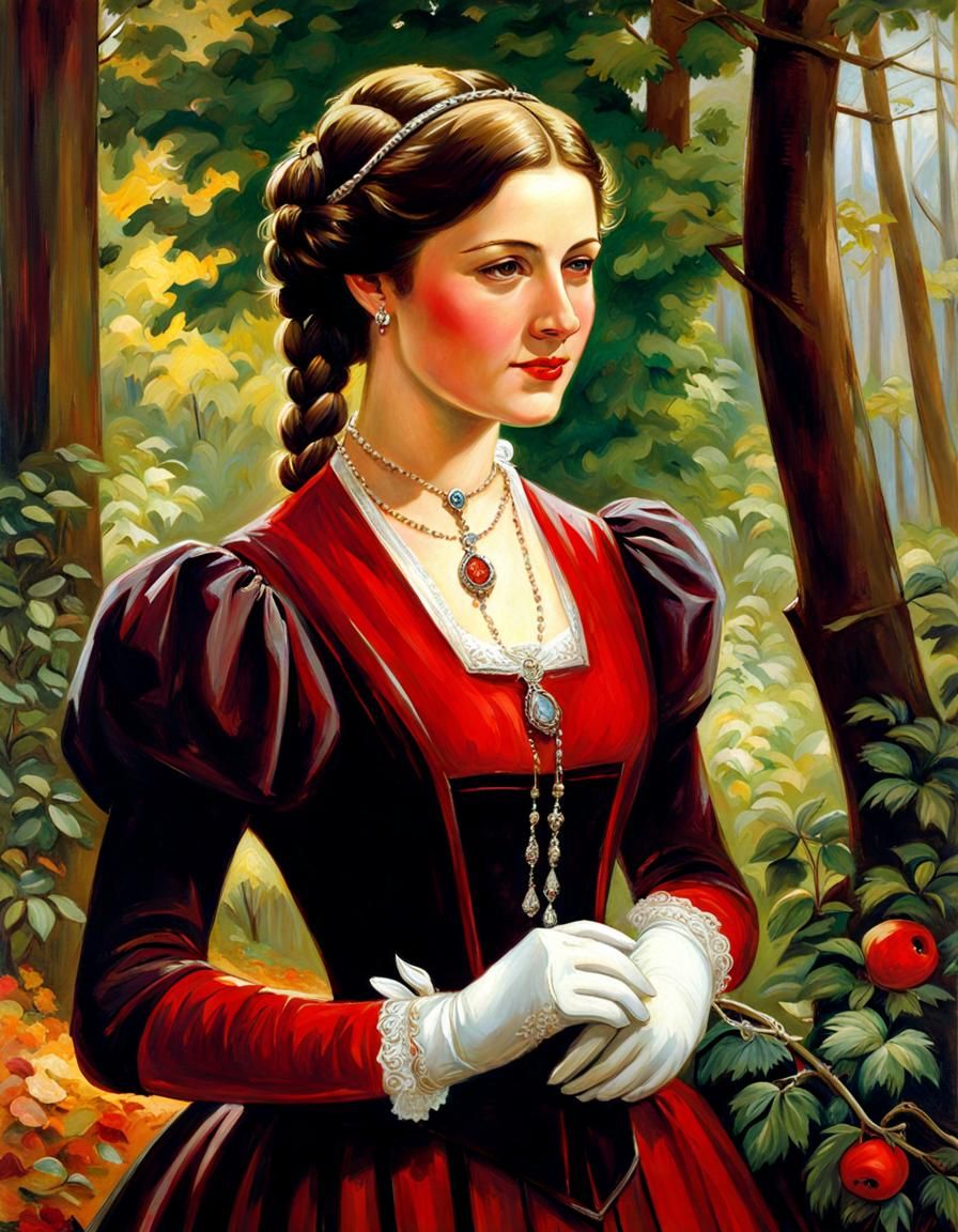 Elegant Victorian Woman in Forest Oil Painting