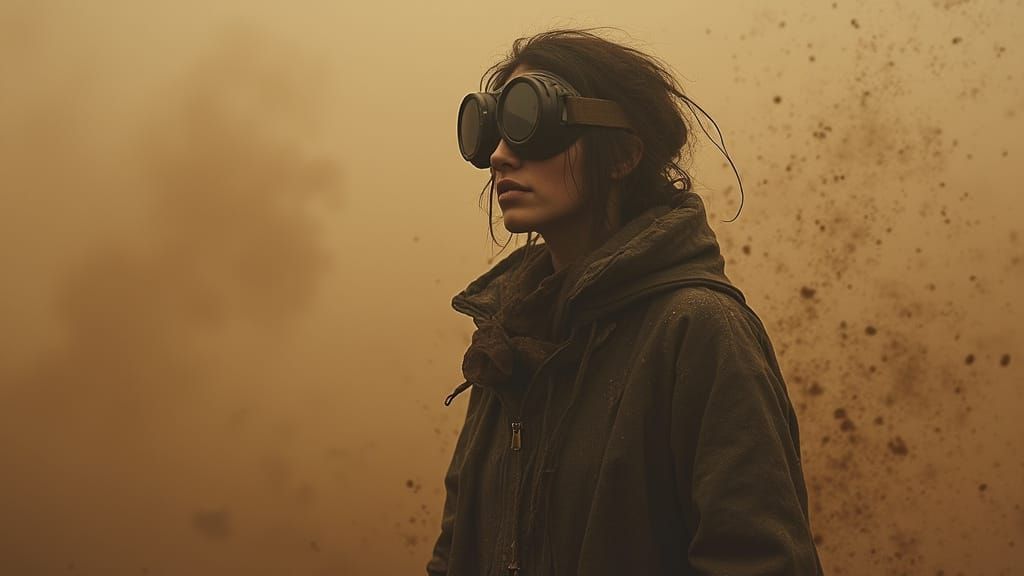 Dust Storm Woman: Dystopian Landscape in Dark Robes