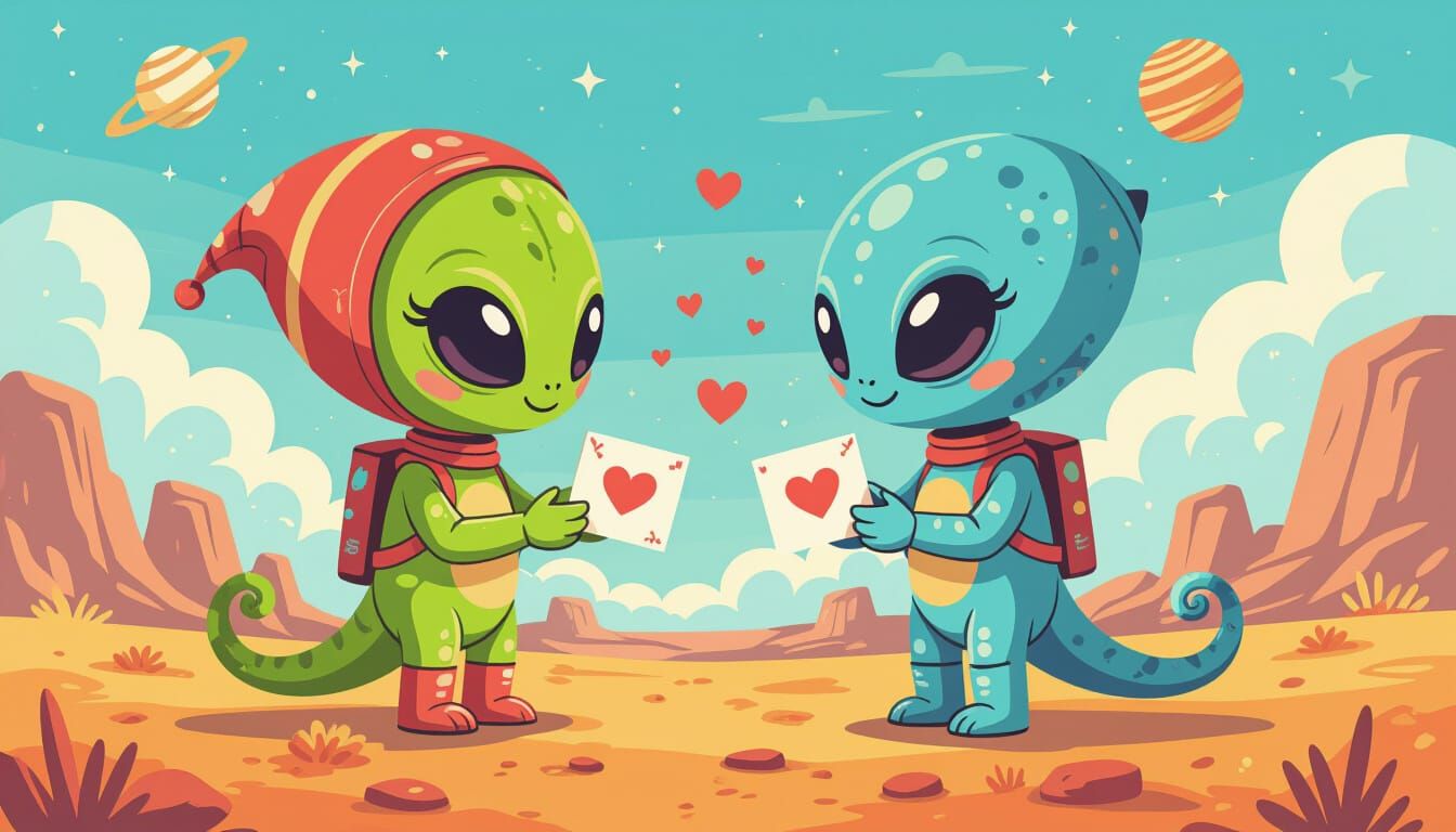 Chibi Aliens Exchanging Valentine Cards in Space
