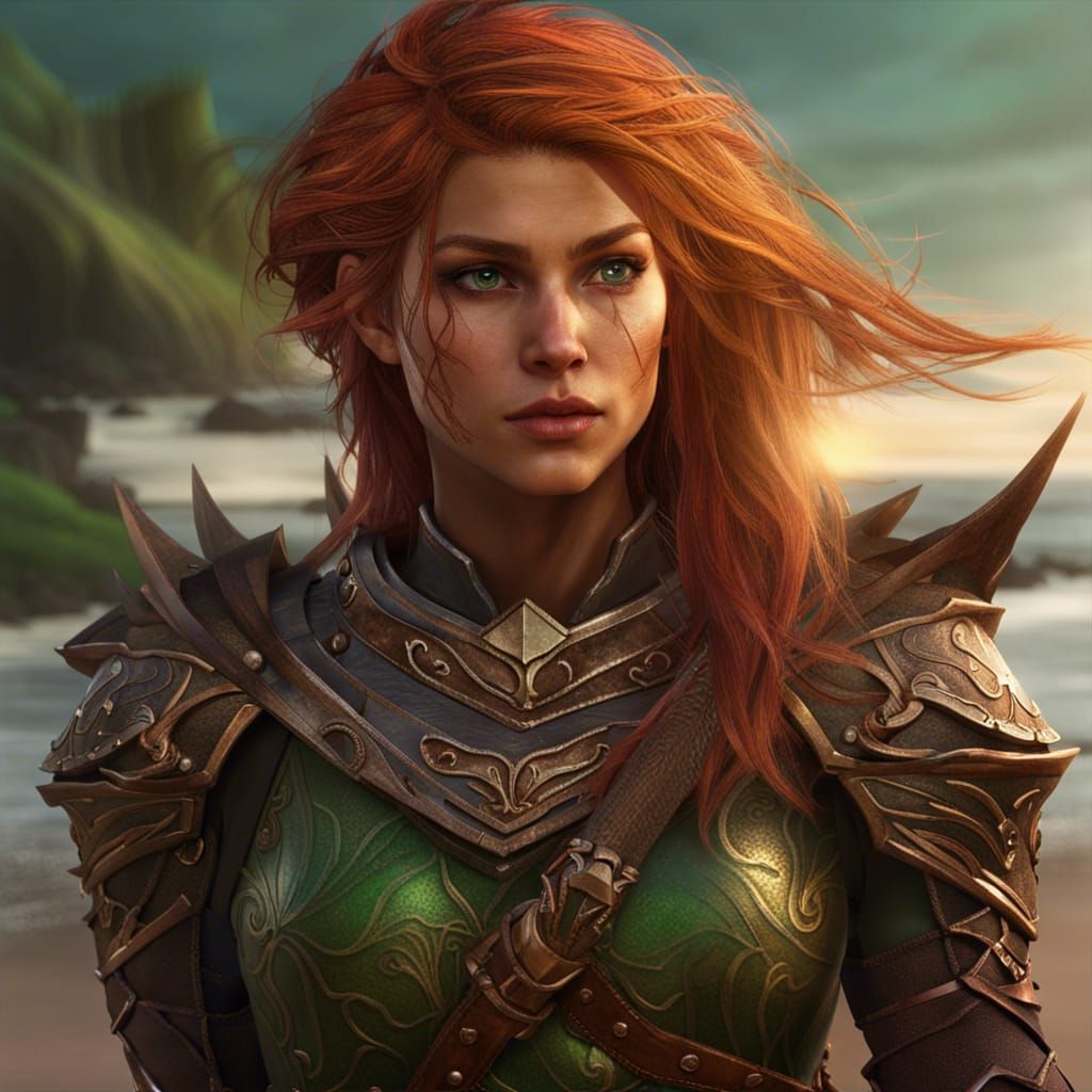 Female Wood Elf Ranger on a Beach at Dawn