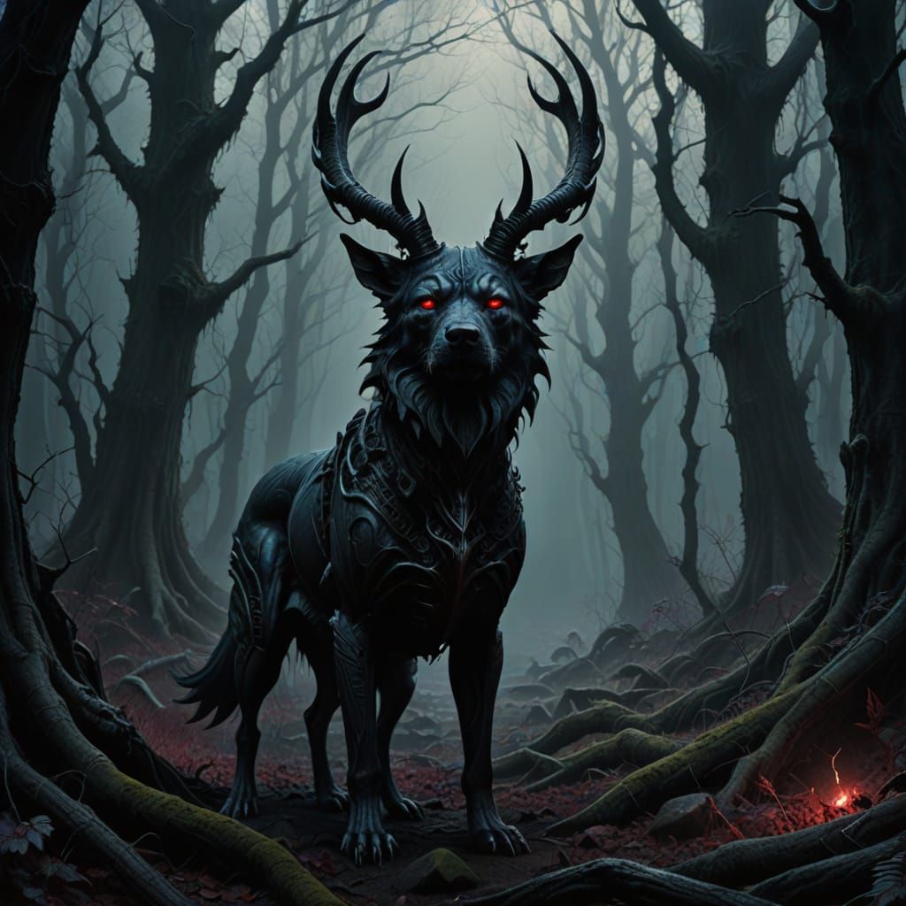 Gothic Demon Dog Portrait in Mystical Forest