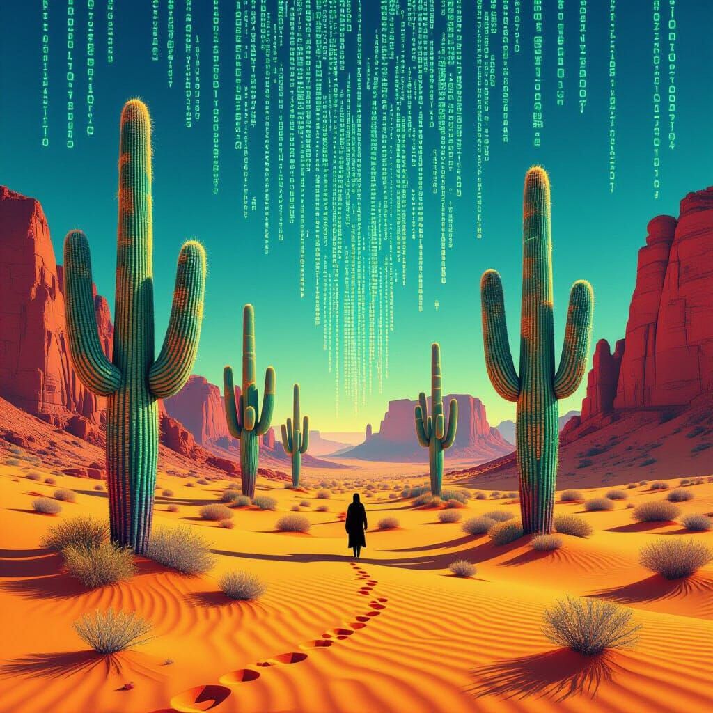 Surreal Digital Desert with Glowing Code Cacti