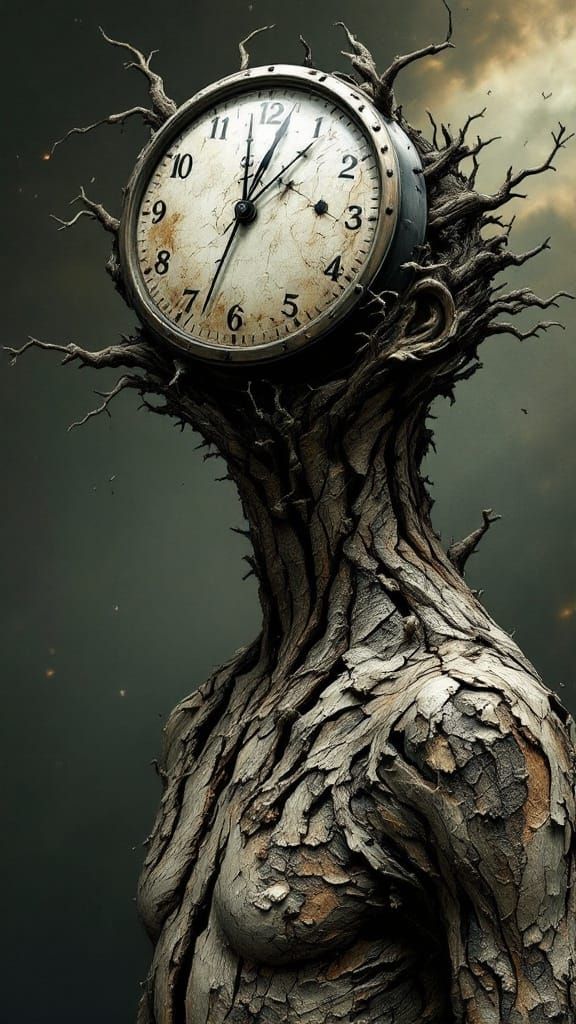 Surrealist Figure with Timekeeper's Head in Weathered Digita...