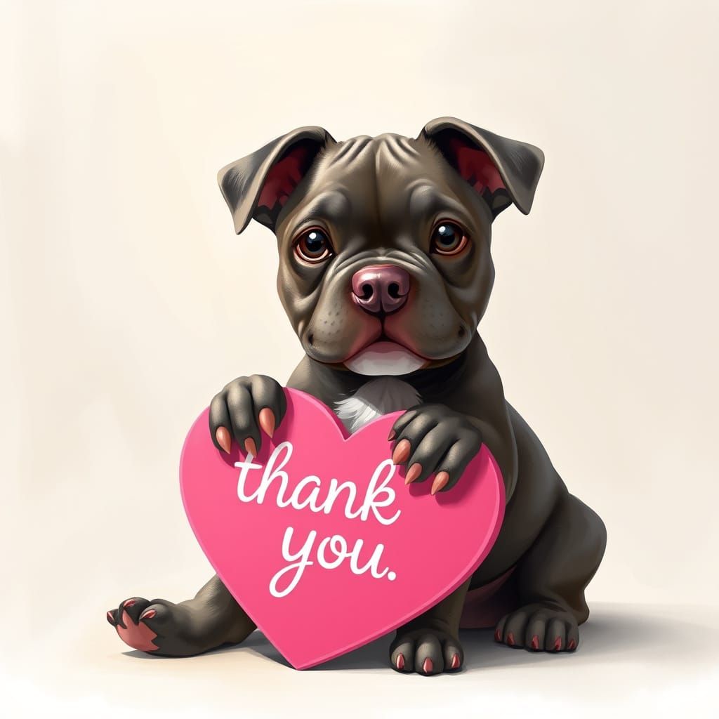 Pitbull Puppy Holds Thank You Heart Sign