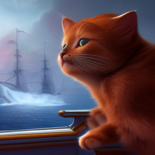 Cute Cat on Ship: Detailed Matte Painting
