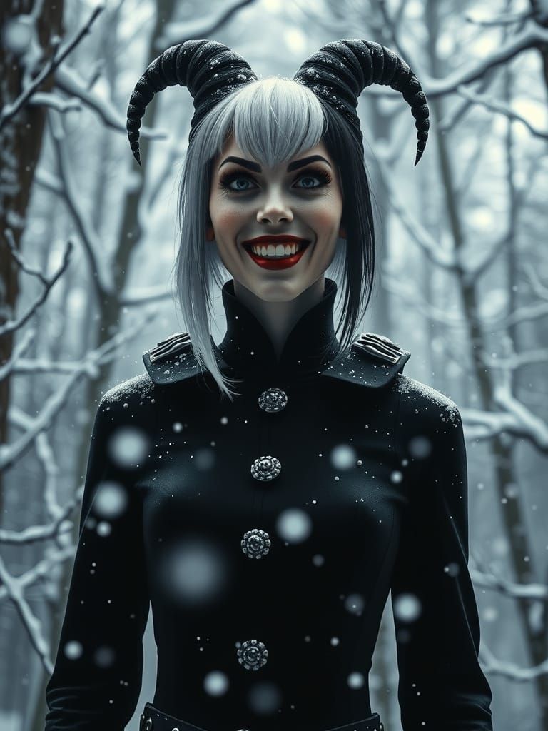 Hyperrealistic Cruella in Winter Forest, Cinematic Style