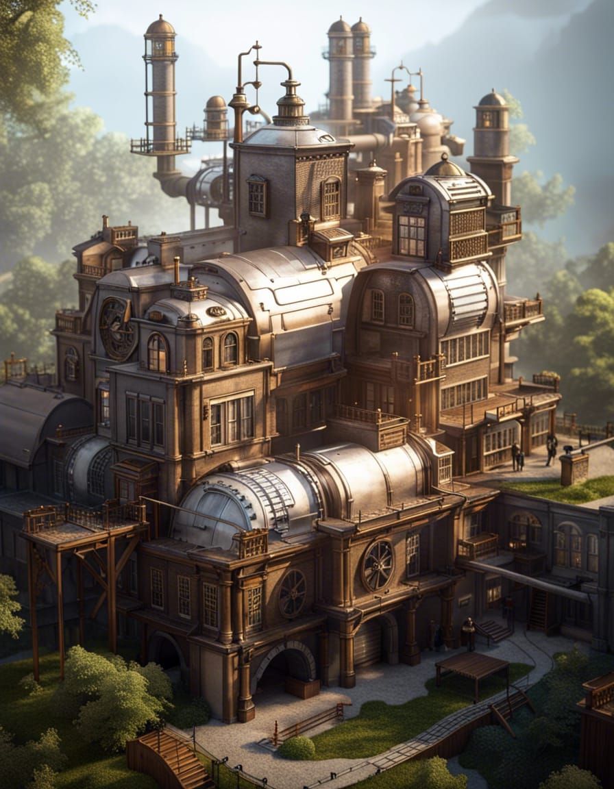 Serene Steampunk Factory Model: Digital Art