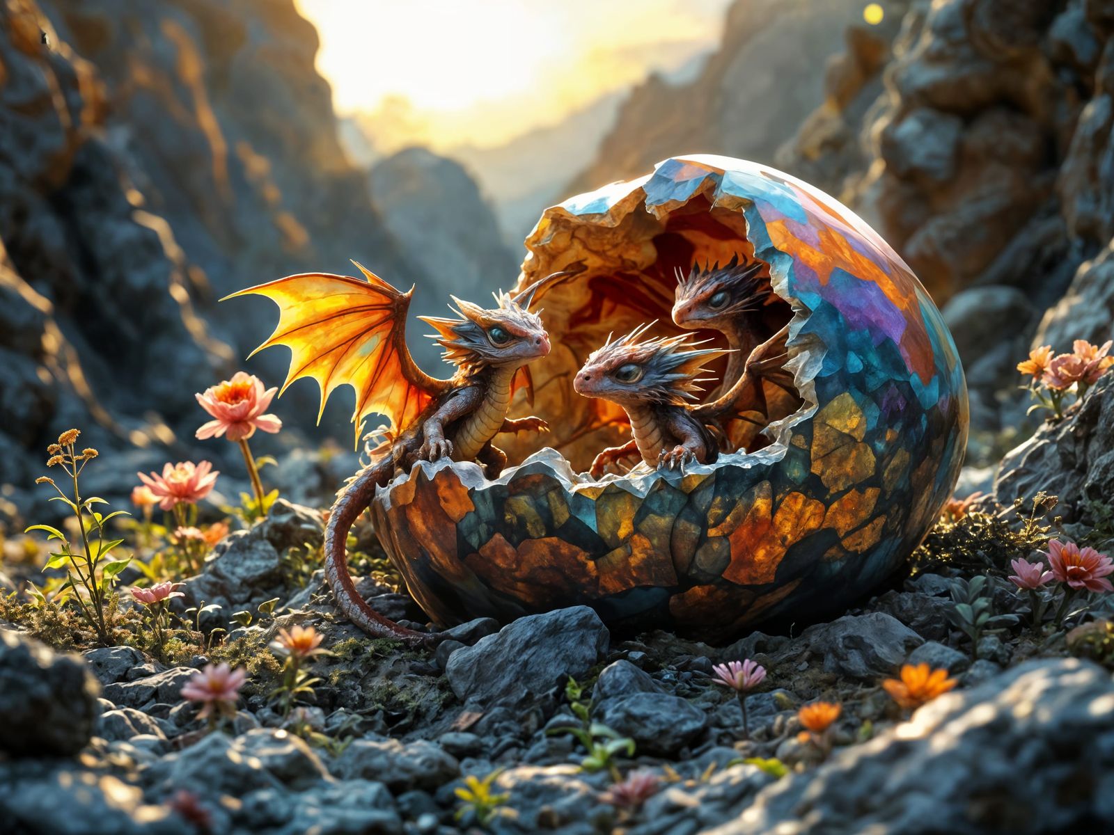 Extraterrestrial Dragon Hatchlings in Surreal Landscape