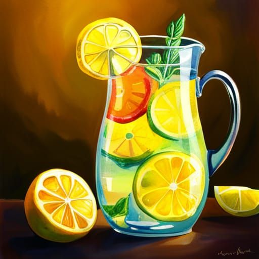 Sparkling Lemonade in Watercolor Style with Ice Cubes