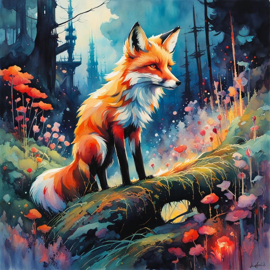 Dark Fantasy Fox in Watercolor Style