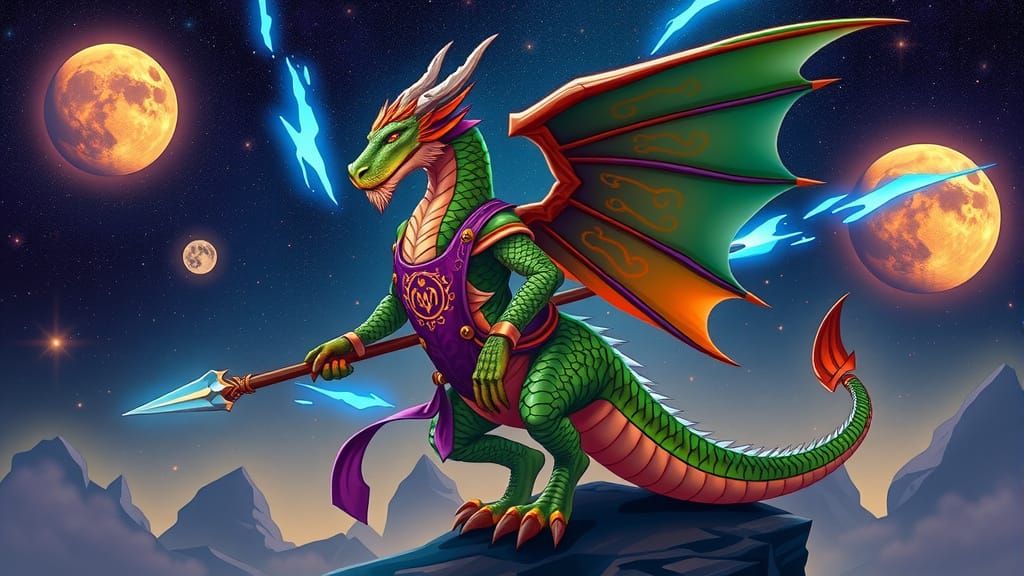 Emerald Dragon on Celestial Rock, Neon Accents