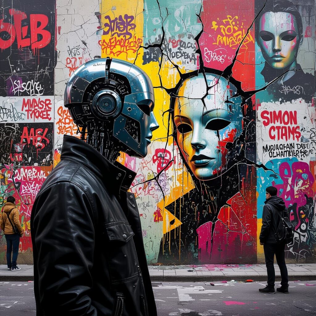 Cracked Facade: Steel Mask in a Vibrant Urban Landscape
