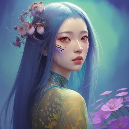 African Spidergirl Portrait with Luminous Flower in Watercol...