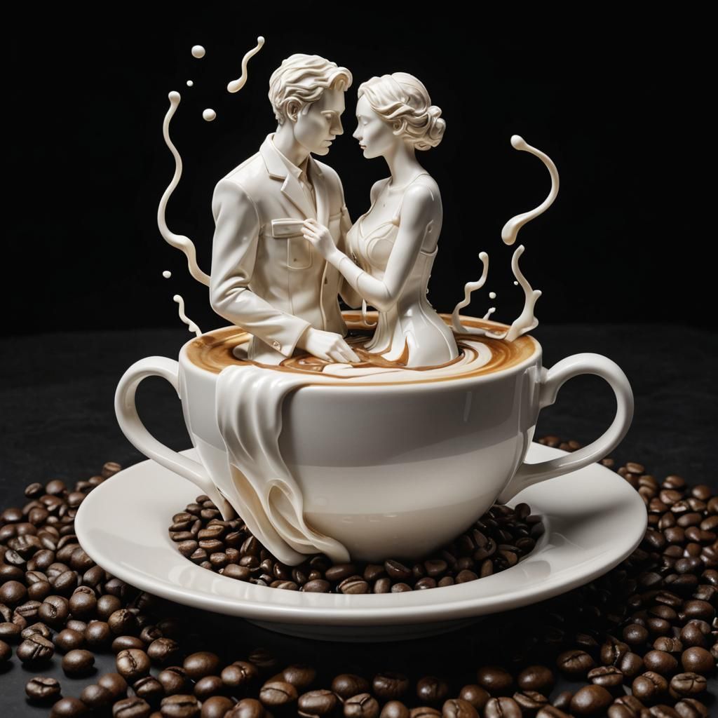 Cream Couple Rising from Coffee: a Hyperrealistic Sculpture