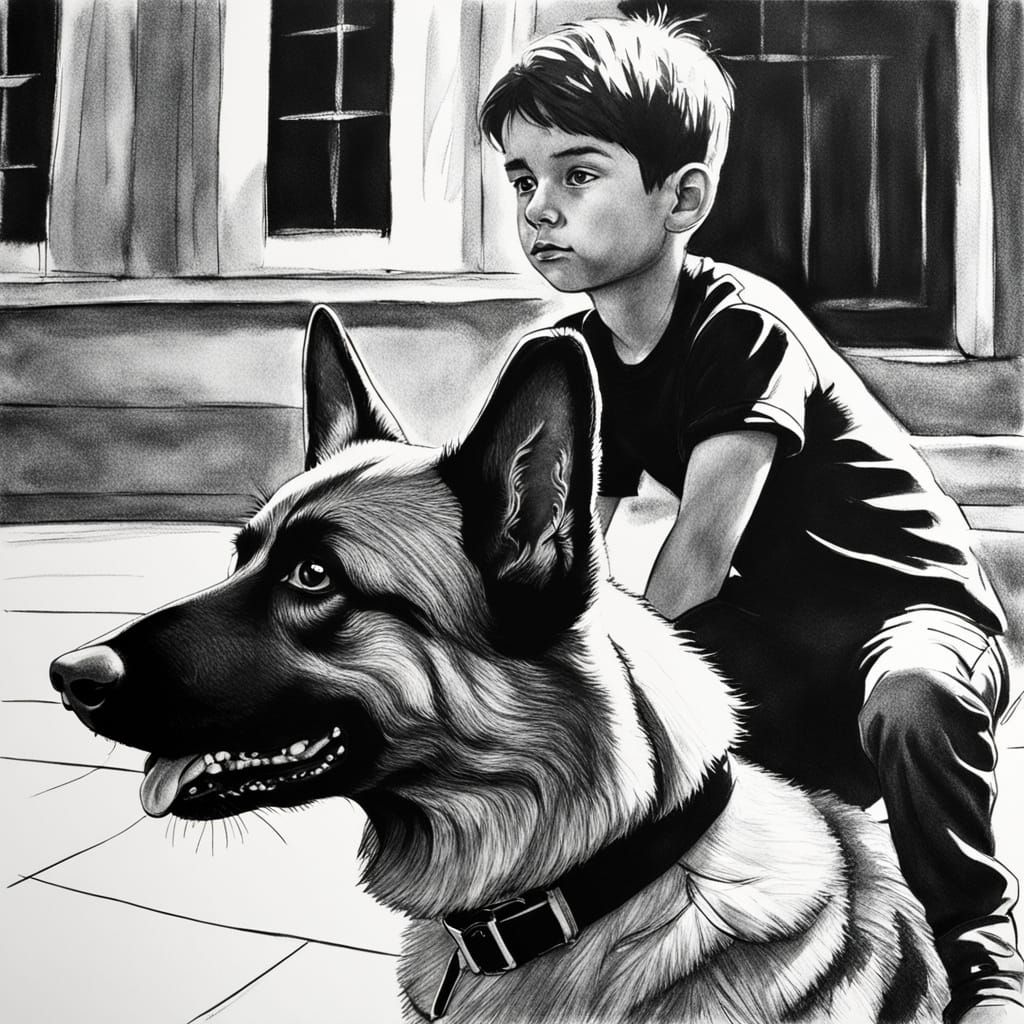 German Shepherd and Boy in Photorealistic Charcoal Drawing