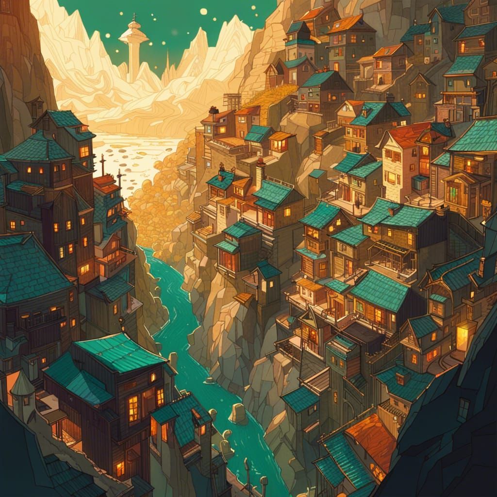 Fantasy Cityscape Mountain Village with Abstract Details