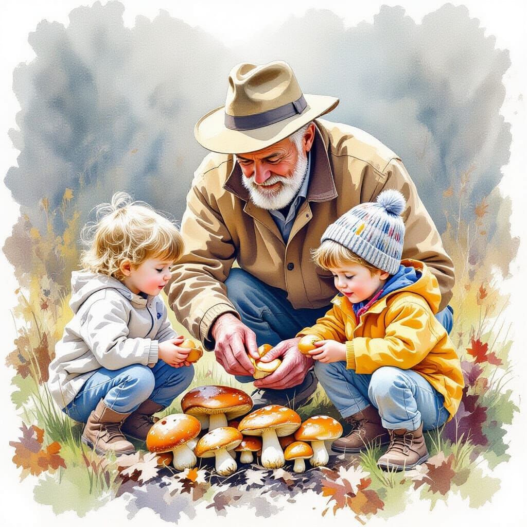 Elderly Man Gathers Mushrooms With Grandchildren, Realistic ...