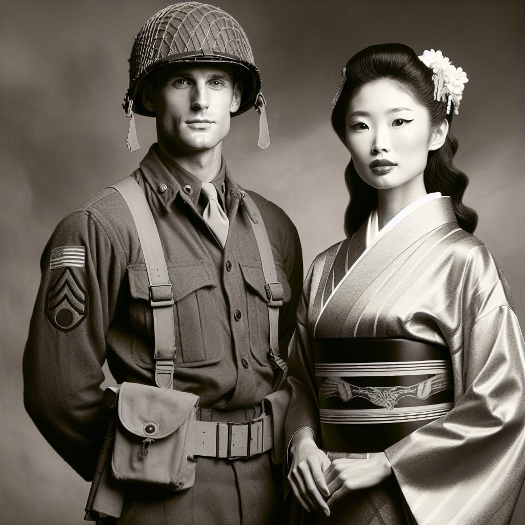WWII Soldier with Asian Woman: Black and White Photo
