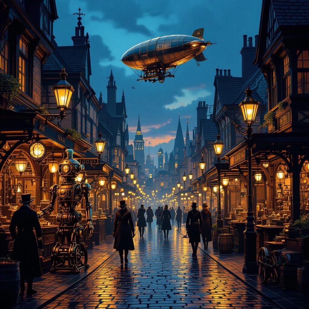Victorian Steampunk Market at Twilight with Dirigible