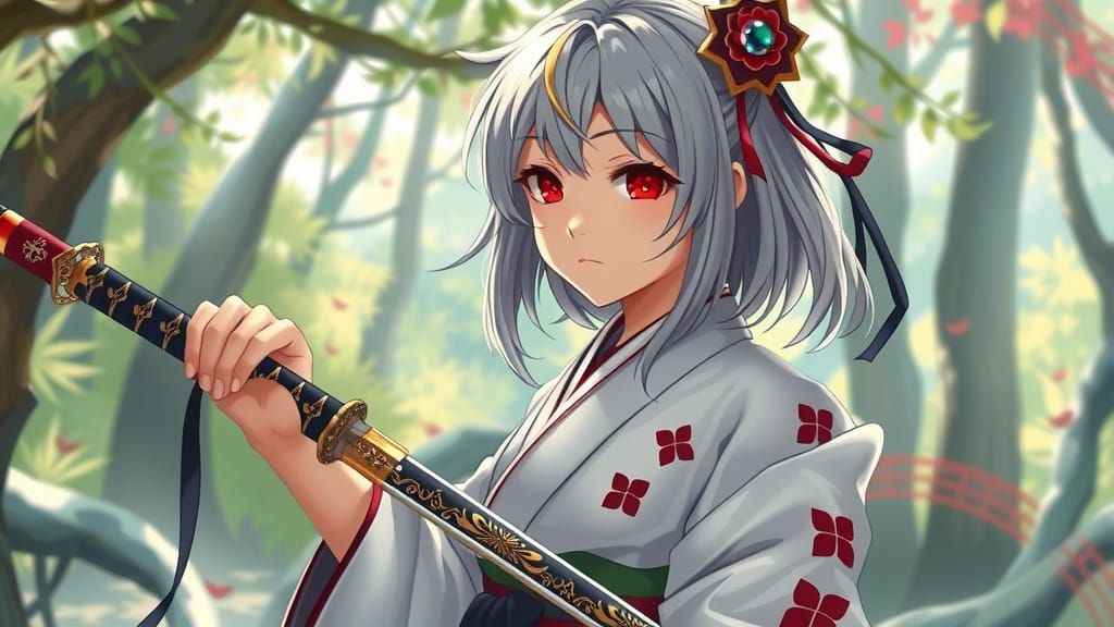 Anime Girl with Sword in Forest, Fantasy Art Style