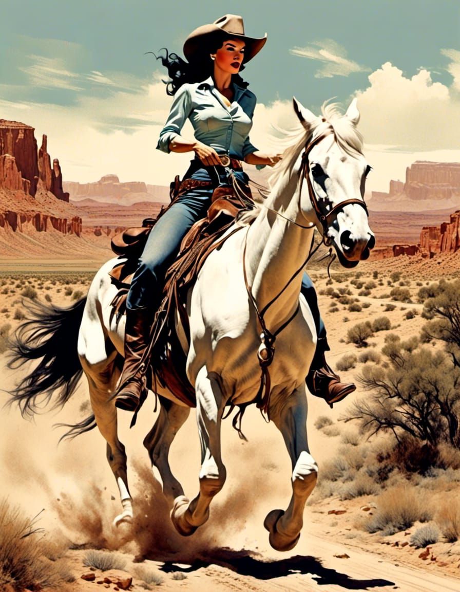 Bettie Page as Western Gunfighter on White Horse