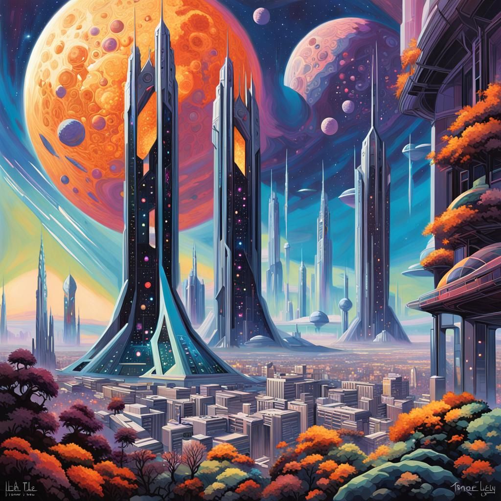 Futuristic Alien Cityscape with Metallic Towers