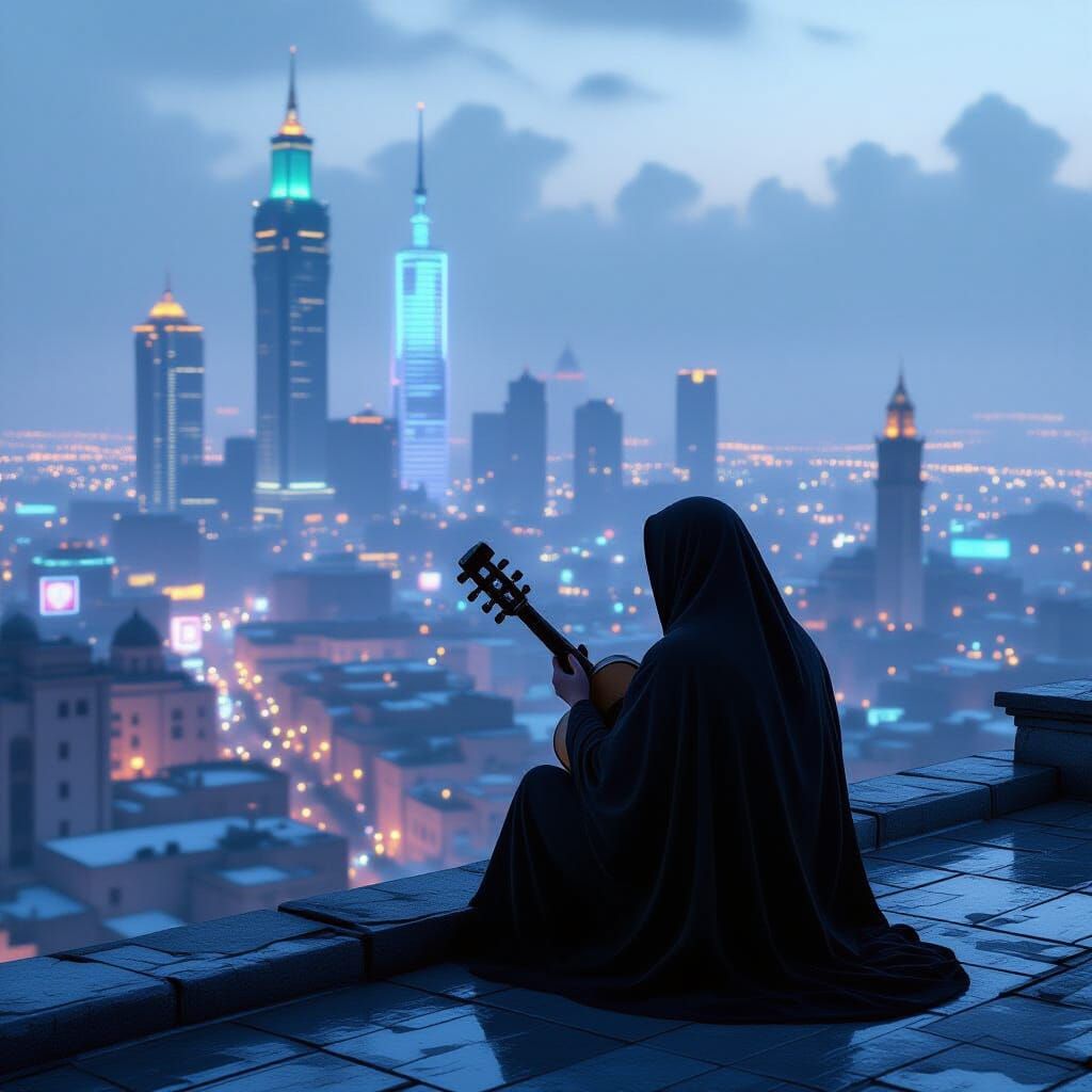 Cyberpunk Oud Player Overlooking Neon Casablanca