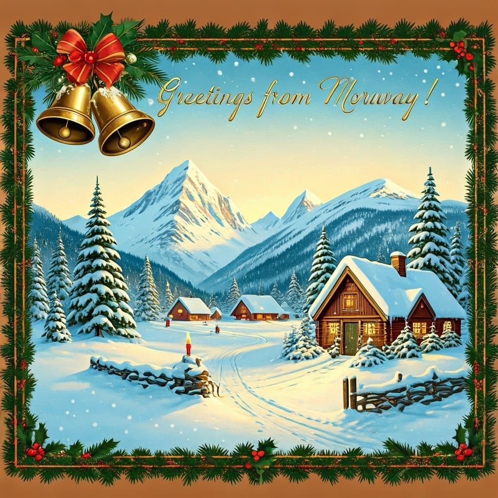 Norwegian Winter Village Scene in Oil Painting Style