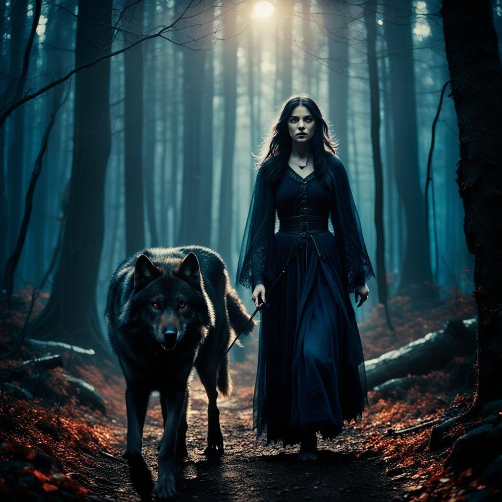 Enchanting Witch and Wolf in Mystical Forest