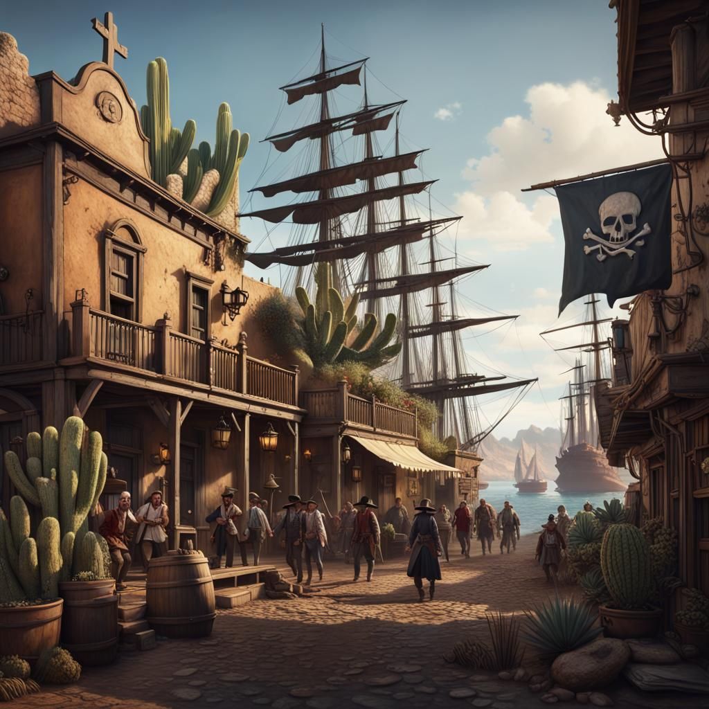 Old West Town Meets Pirate Harbor in Fantasy Art