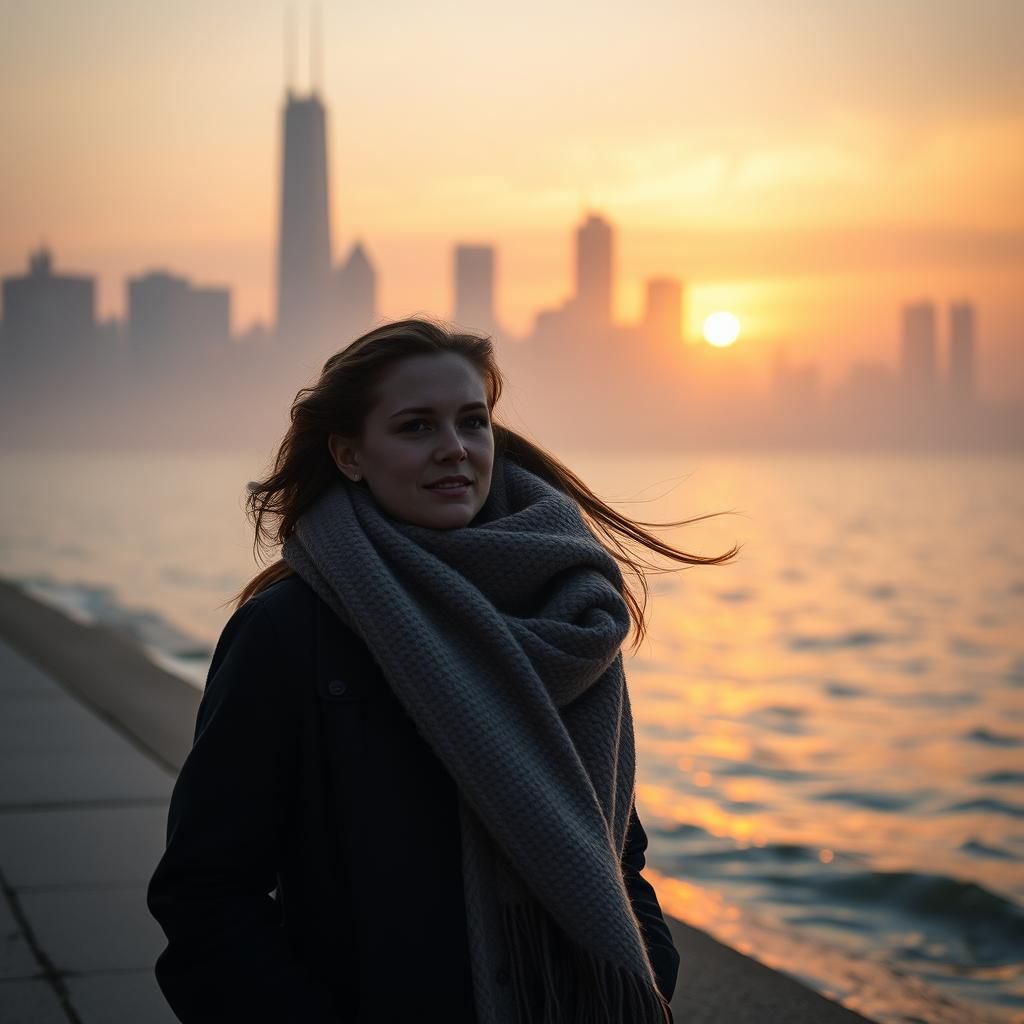 Misty Morning Stroll on Lake Michigan: Cinematic Film Still