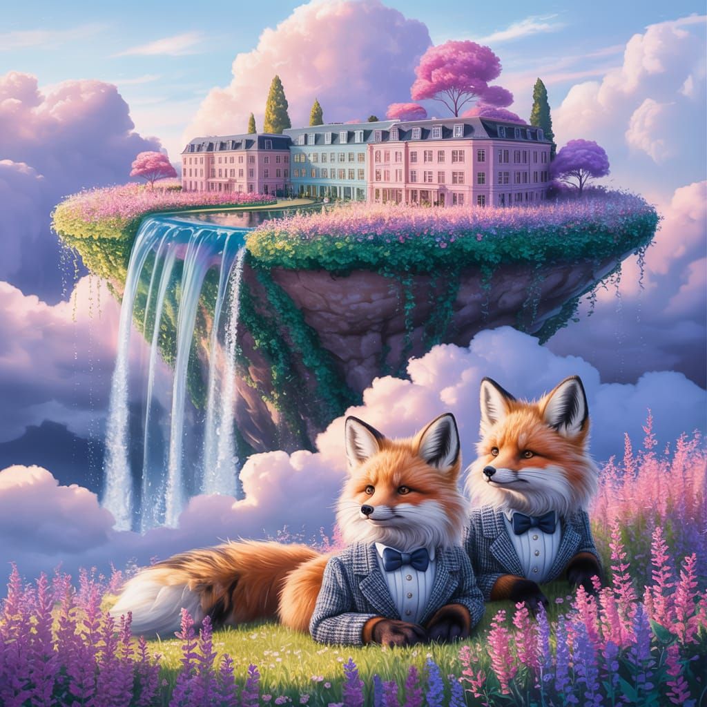 Cloud Island Over Flower Field with Waterfall