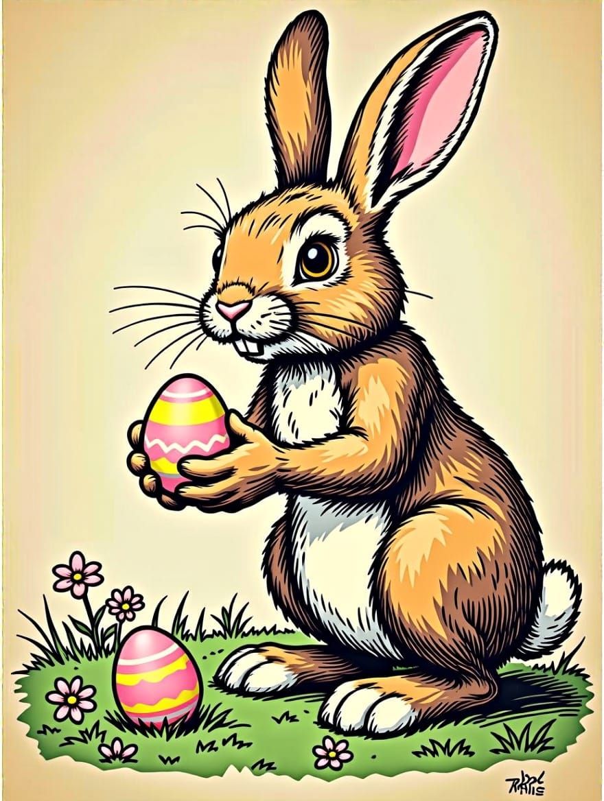 The Easter Bunny in Psychedelic Robert Crumb Art
