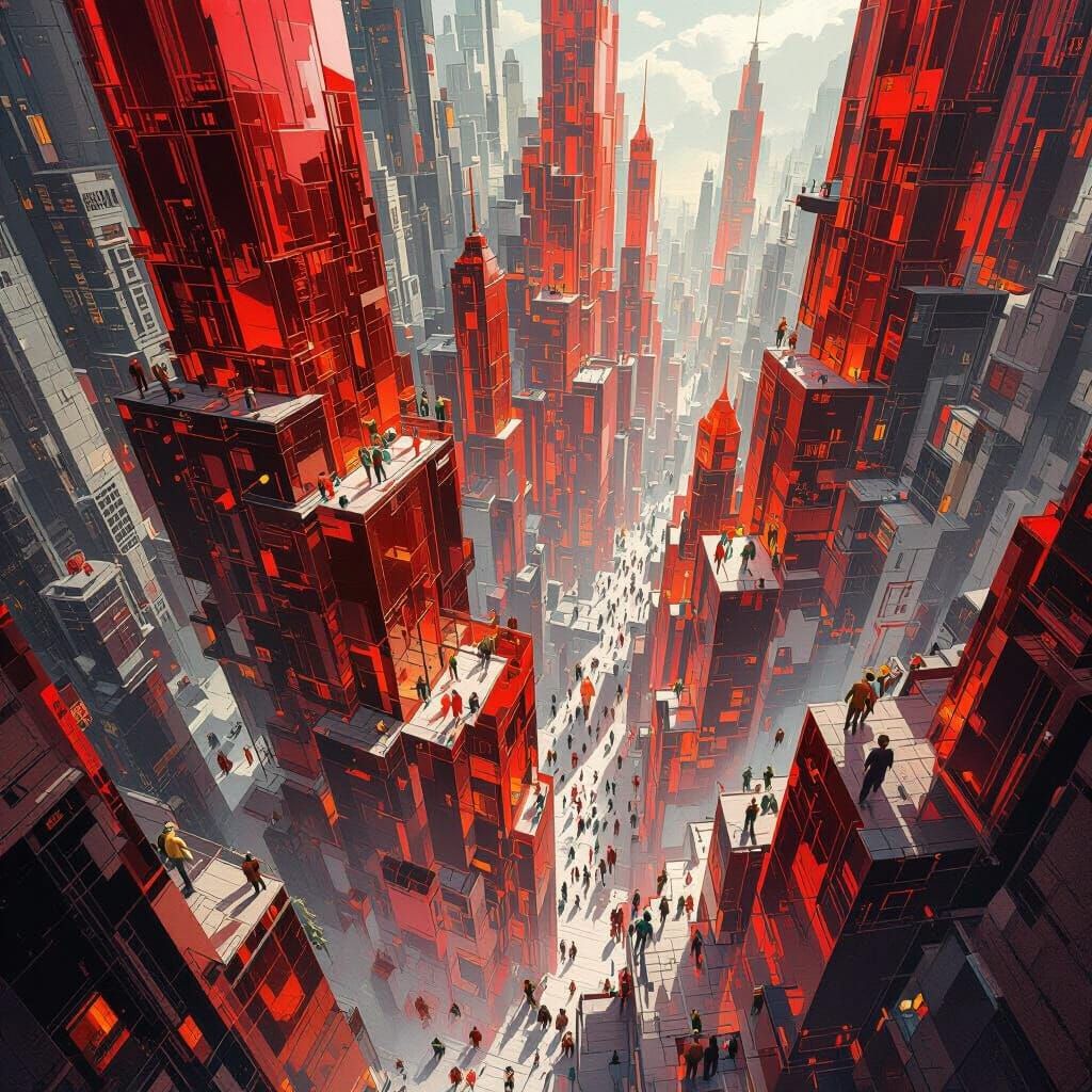 Surreal Red Crystal Cityscape in Sci-Fi Style