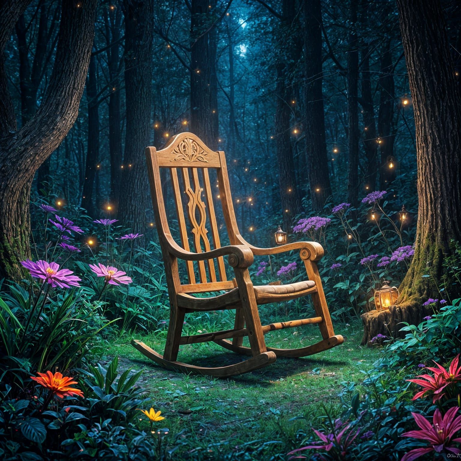 Enchanted Rocking Chair in Bioluminescent Forest