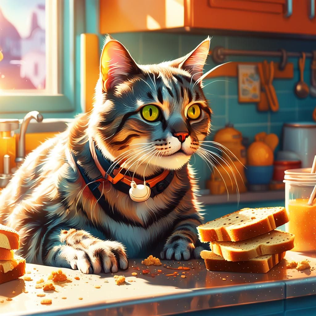 Robot Cat Eats Bread in Whimsical Digital Painting